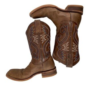 Nocona Cowboy Boots Womens 7.5 Brown Leather Rainbow Stitch Square Toe Cowgirl